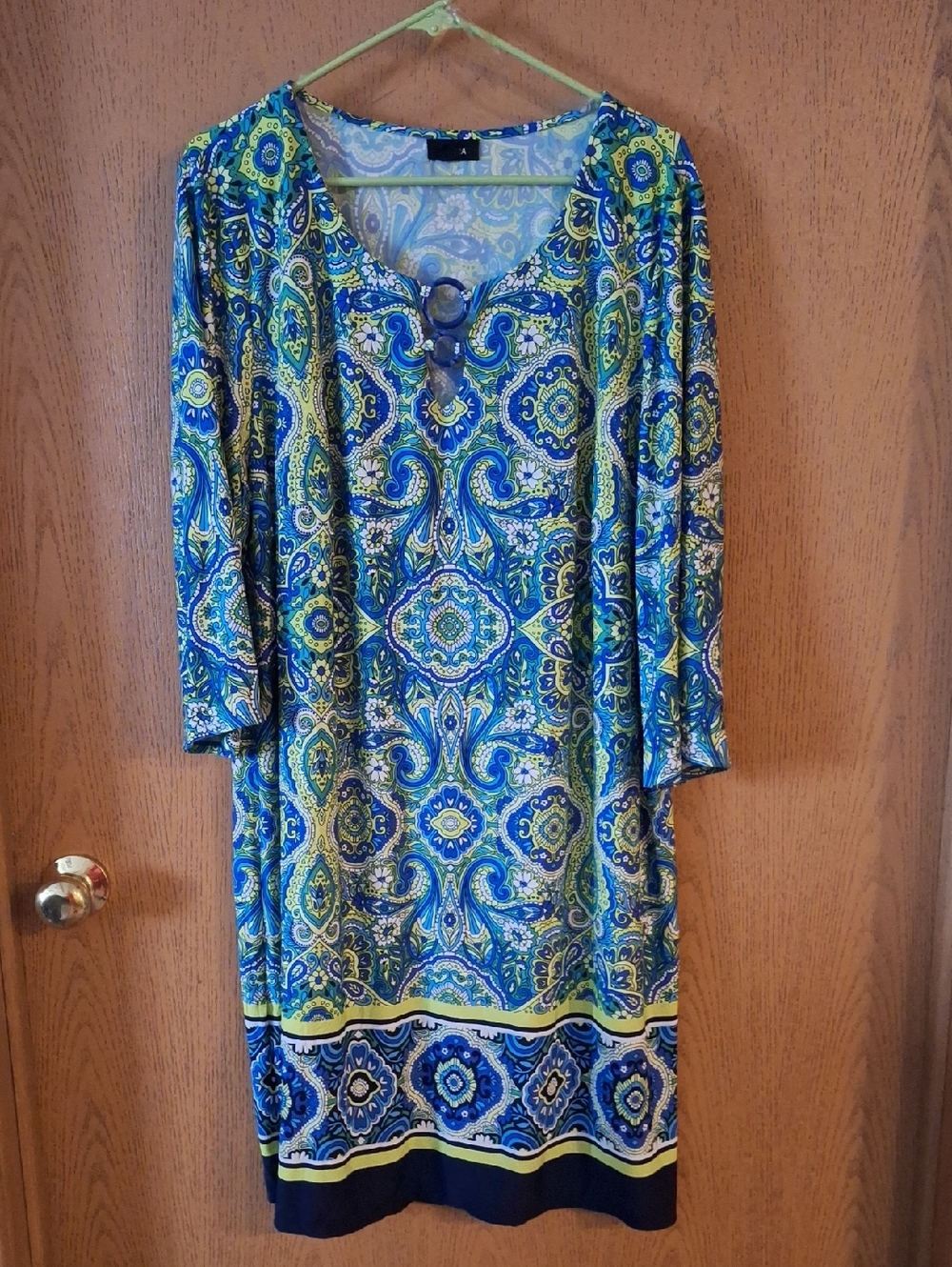 Tacera Blue and Green Paisley Print Knee-Length Dress